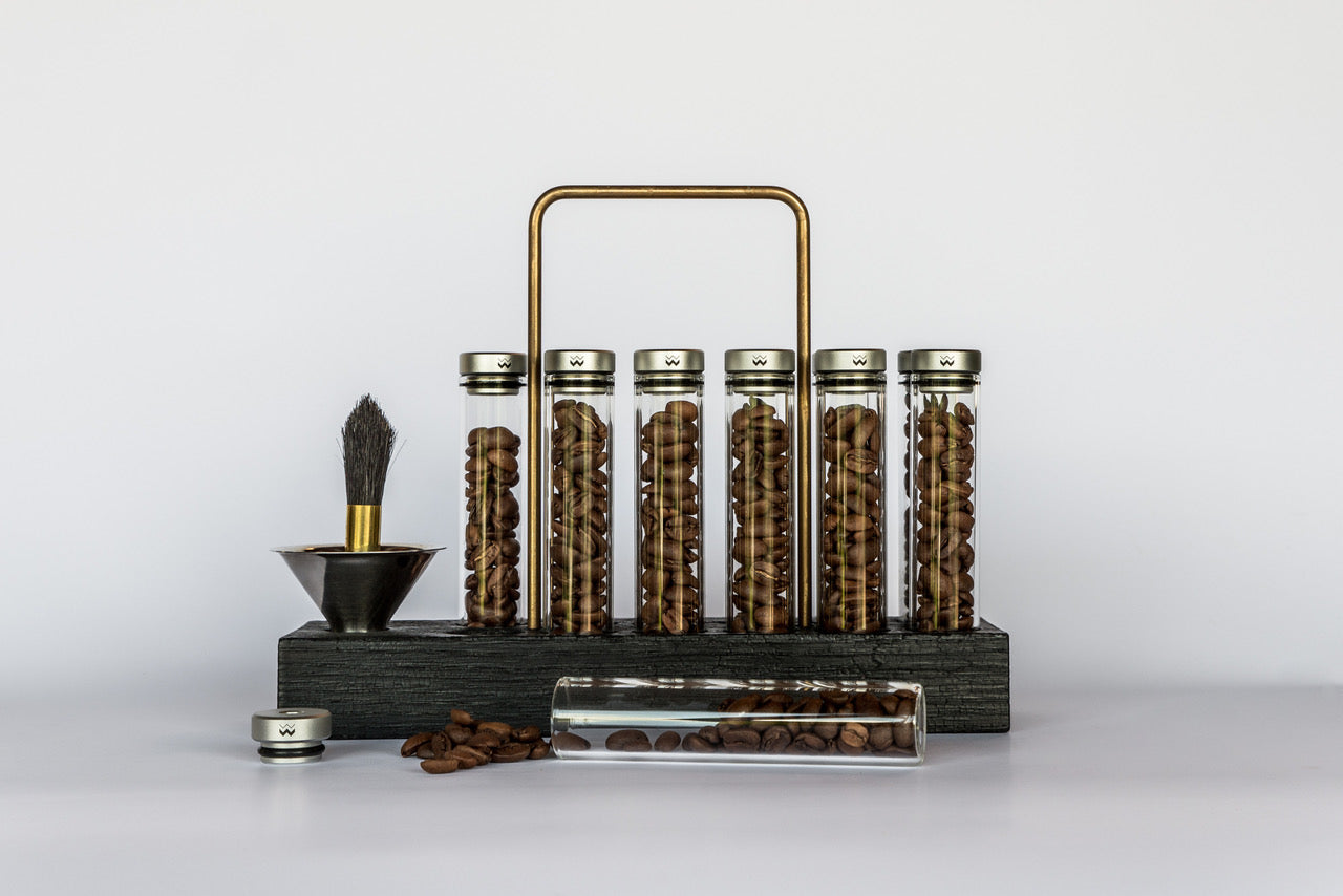 Bean Cellar Single-Dose Coffee Storage. Glass, Teak & Brass - Weber Workshops